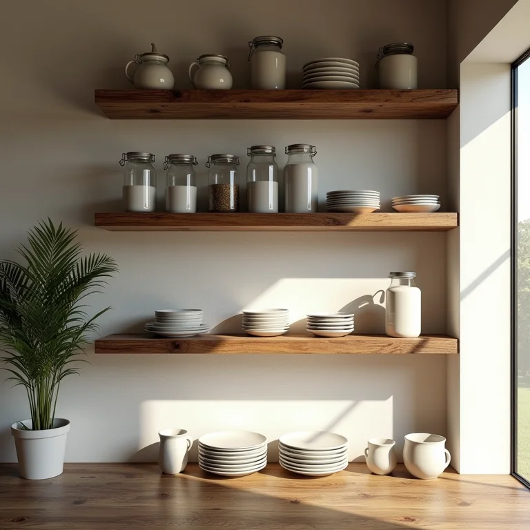 Prateleiras de madeira de demolição em despensa rústica.