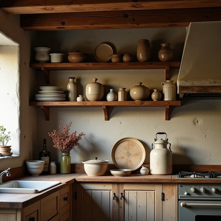 Prateleiras de madeira rústicas com louças e potes antigos.