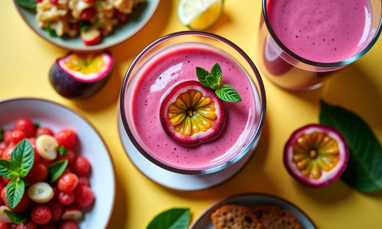 Pratos deliciosos com maracujá doce: mousse, suco e salada.