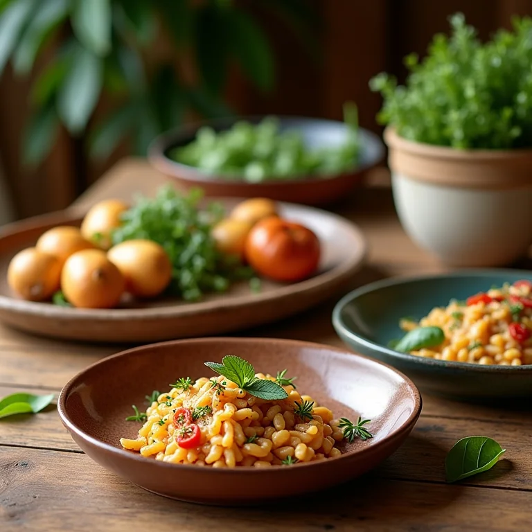 Pratos e travessas de cerâmica rústica com comida