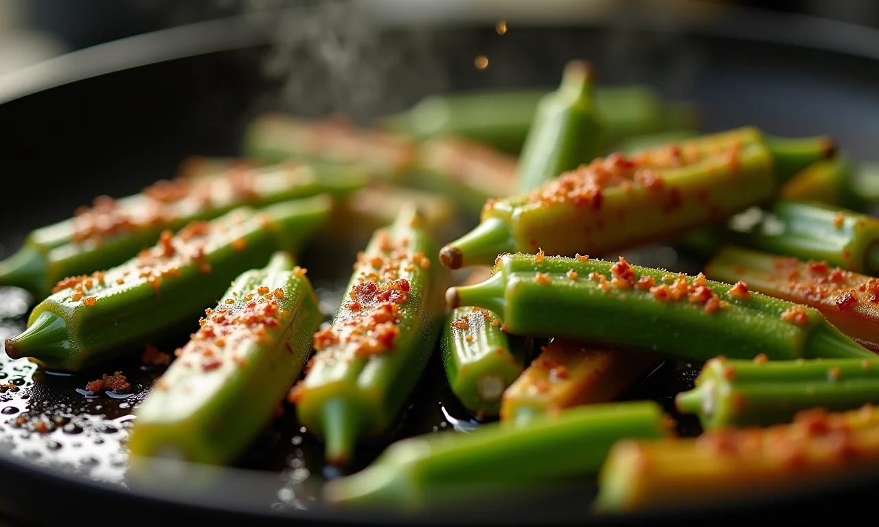 Pré-fritura do quiabo para um sabor especial.