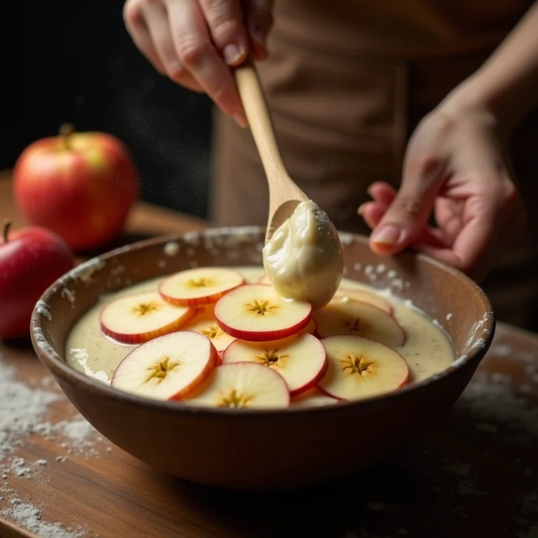Preparando a massa do bolo de maçã.