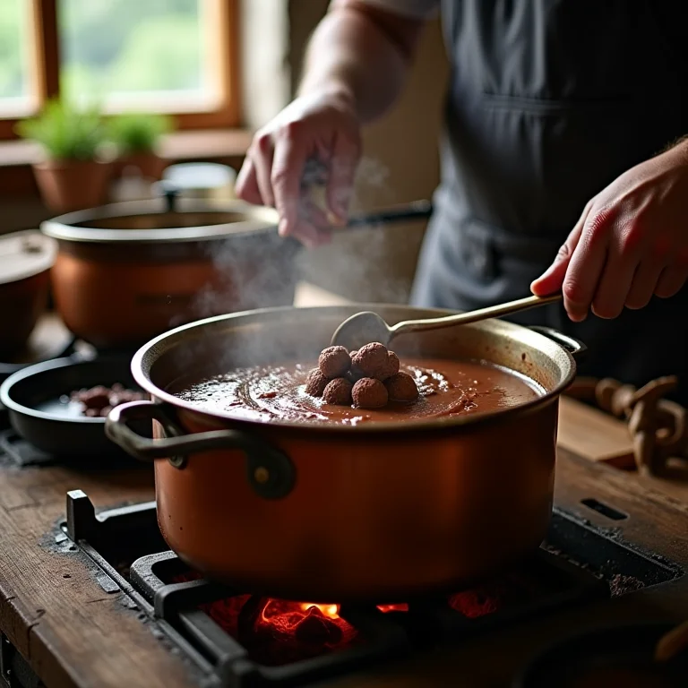 Preparando doce de leite com chocolate em fogão a lenha.
