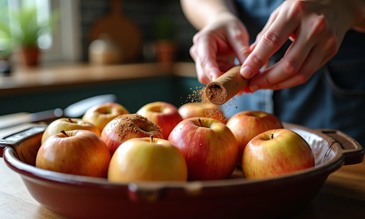 Preparando maçã assada com canela passo a passo em cozinha rústica.