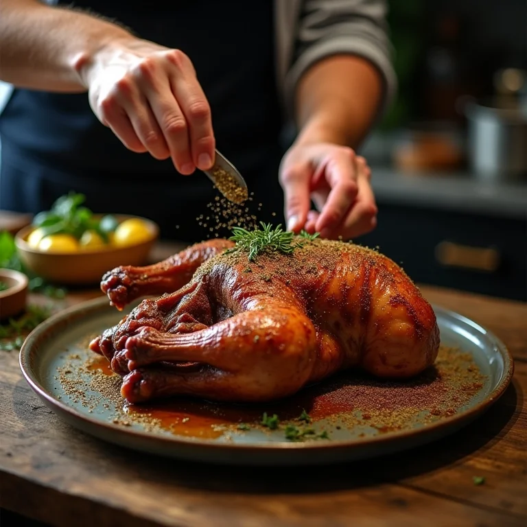 Preparando o chester com temperos na cozinha rústica.