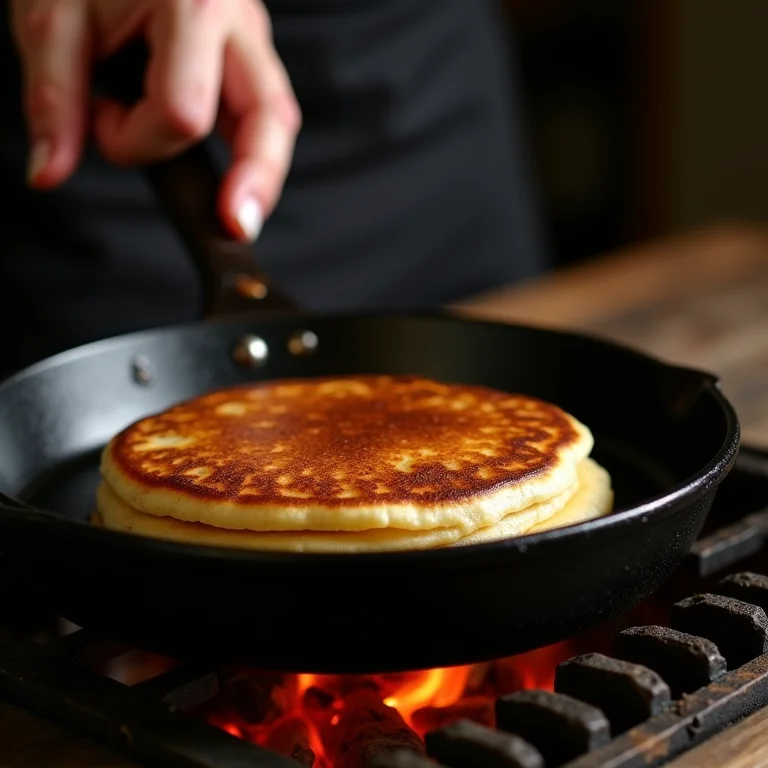 Preparando panqueca de banana em frigideira de ferro