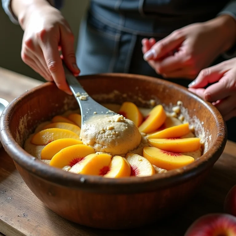 Preparando peach cobbler em cozinha rústica