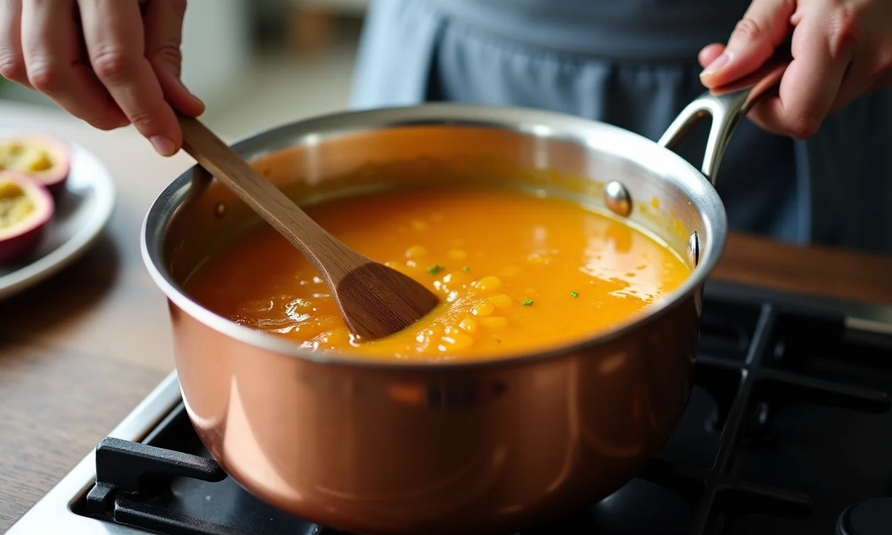Preparo da geleia de maracujá: mão mexendo a geleia em panela de cobre.