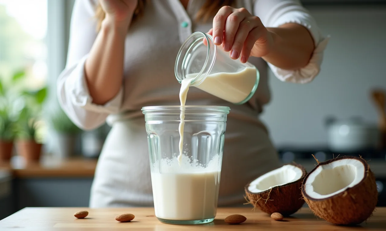 Preparo de sacolé de coco vegano com leite de amêndoas e leite de coco.