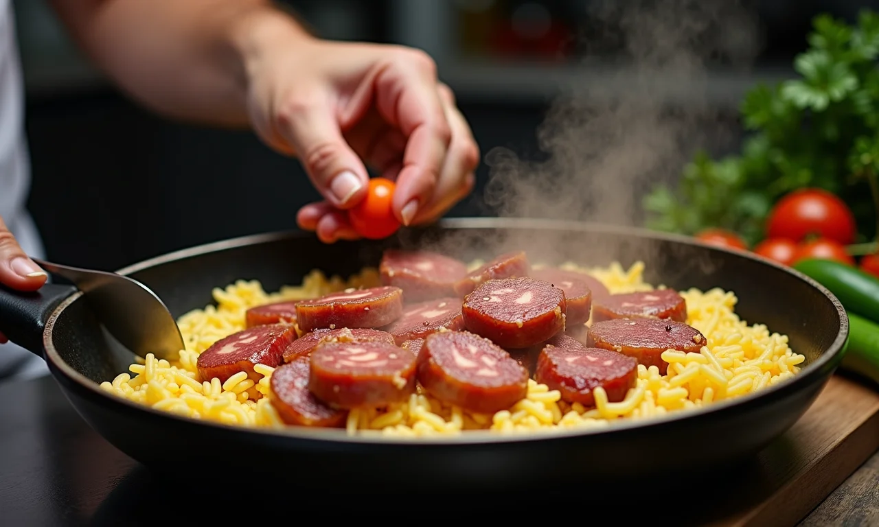 Preparo do arroz carreteiro com diferentes tipos de carne.