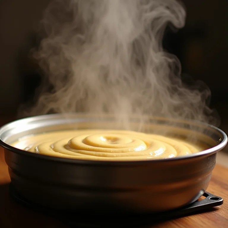 Pudim de banana assando em banho-maria.