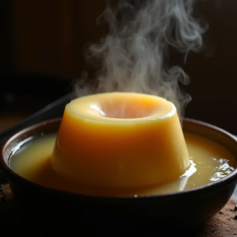 Pudim de banana assando em banho-maria.