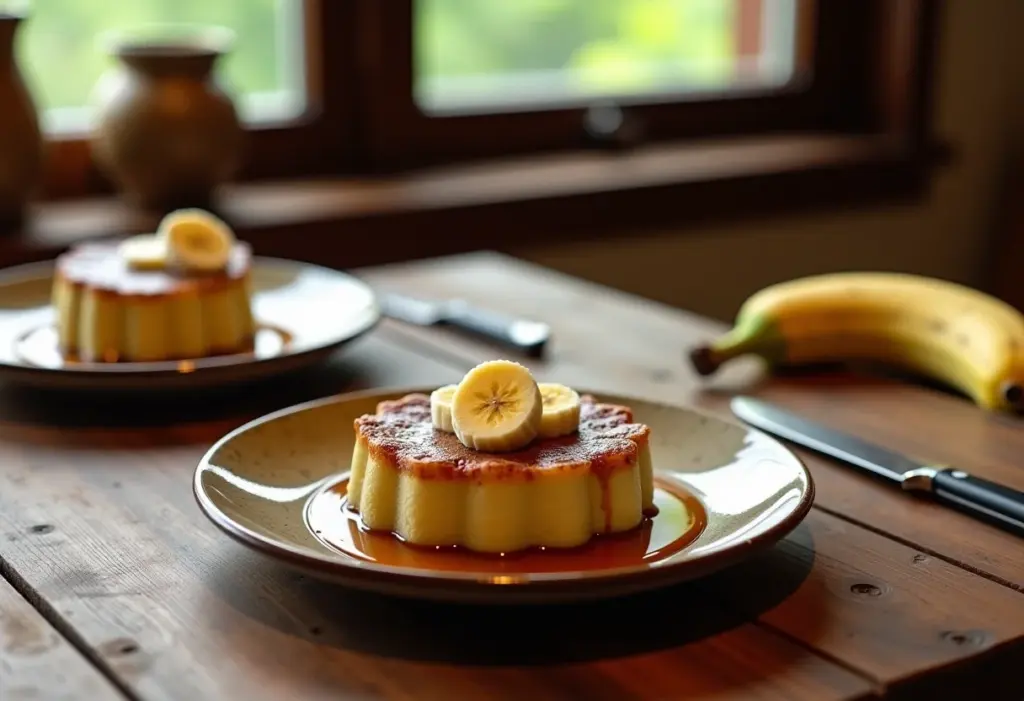 Pudim de banana com calda caramelizada em mesa rústica.