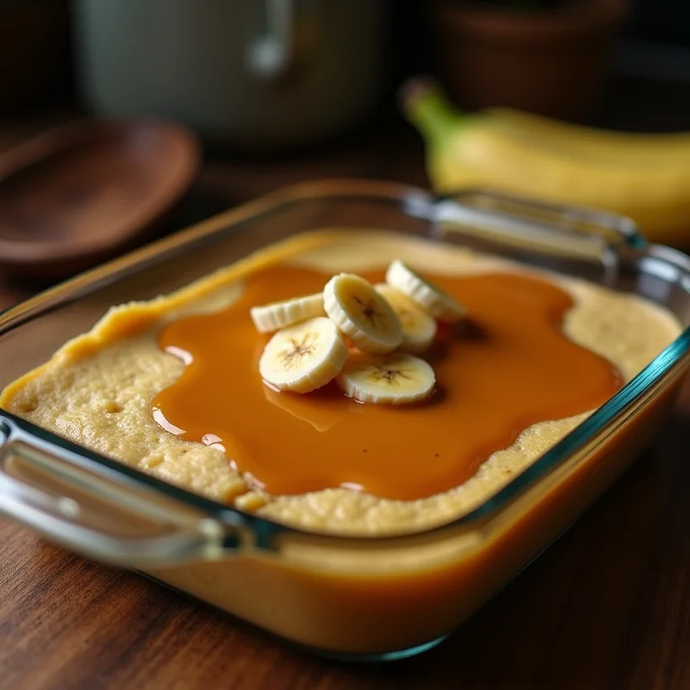 Pudim de banana com calda caseiro pronto.