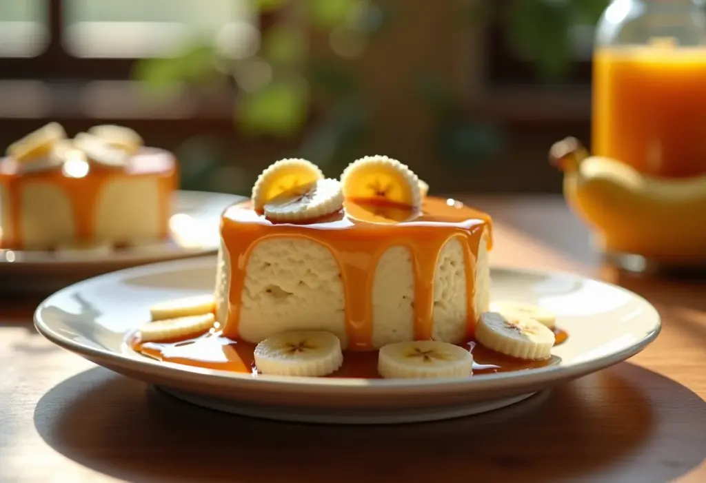 Pudim de Banana com Calda cremoso e apetitoso.