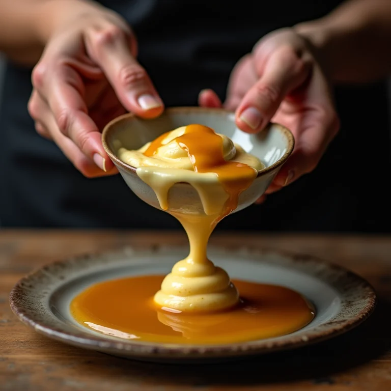 Pudim de banana sendo desenformado com cuidado.