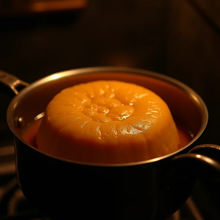 Pudim de laranja assando no forno à lenha