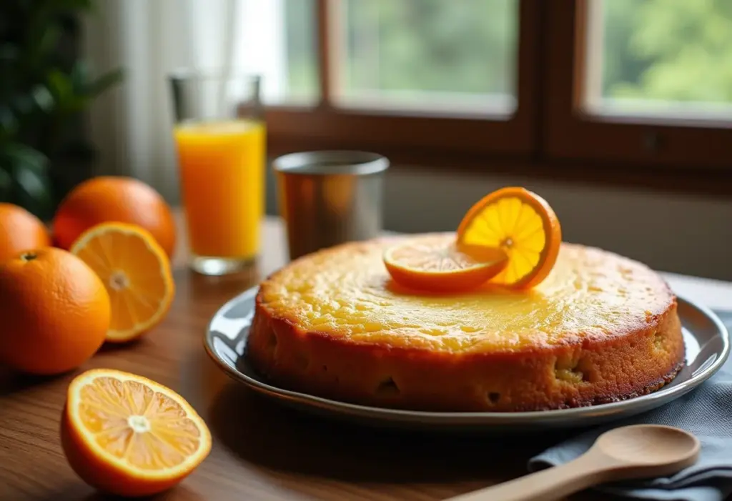 Pudim de laranja caseiro em mesa rústica com laranjas frescas