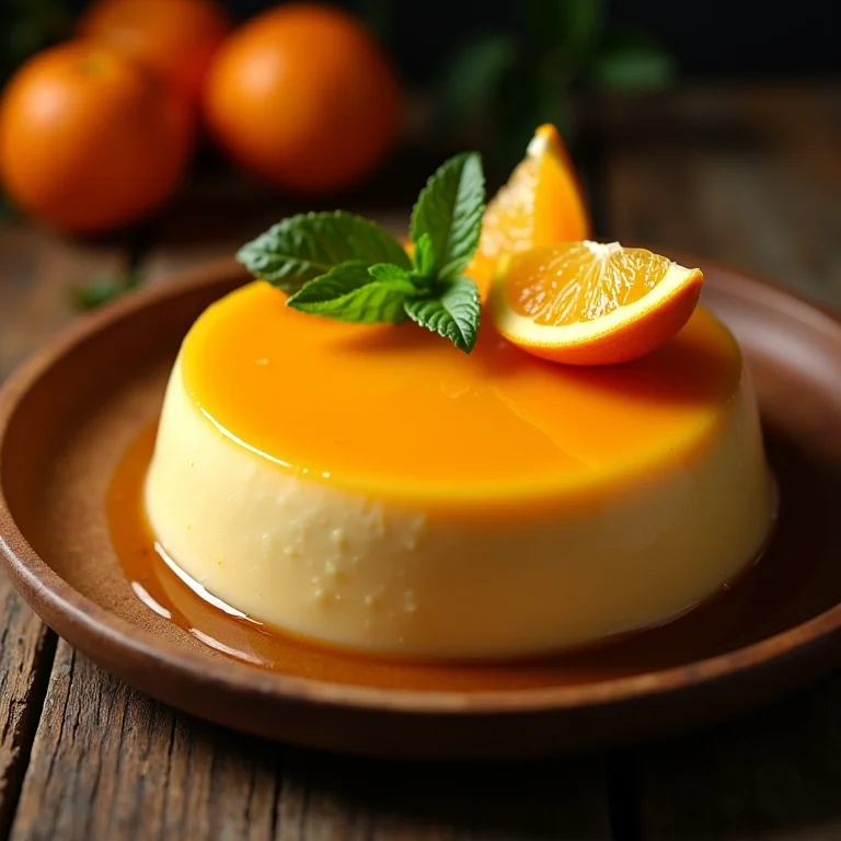 Pudim de laranja decorado com fatias de laranja e hortelã