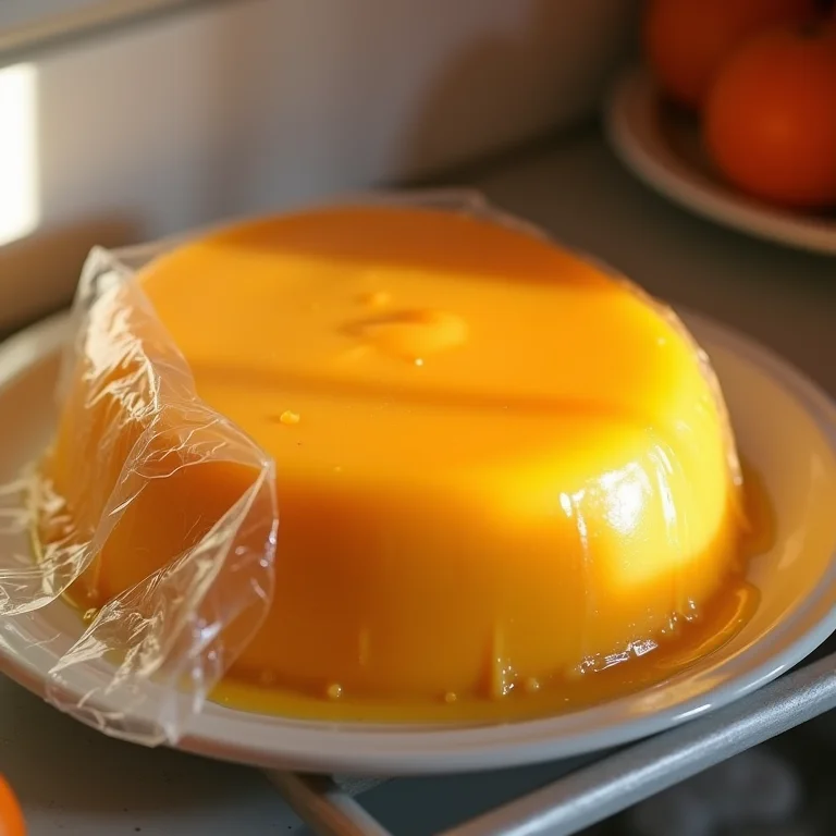 Pudim de laranja na geladeira, esperando o tempo de descanso
