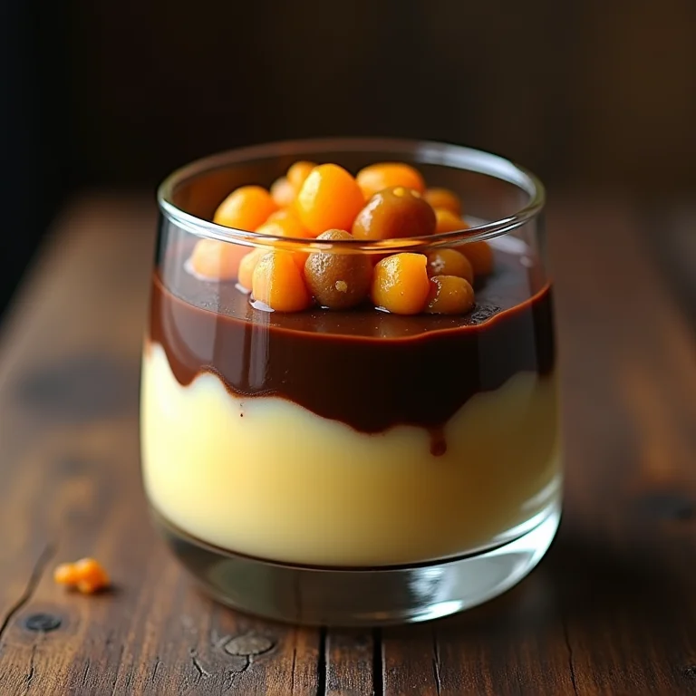 Pudim de maracujá com camadas de chocolate.