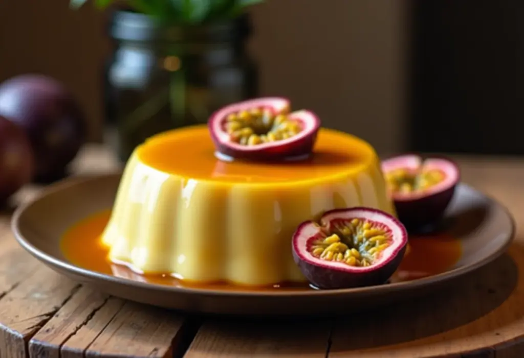 Pudim de maracujá cremoso com calda brilhante.