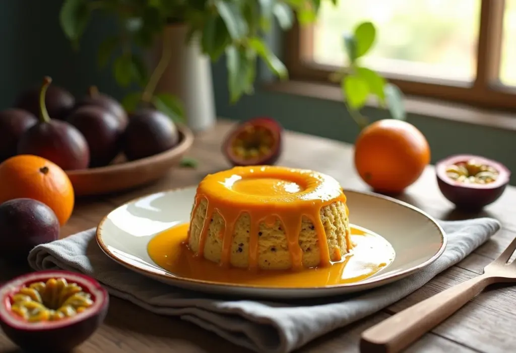 Pudim de maracujá cremoso com calda brilhante.