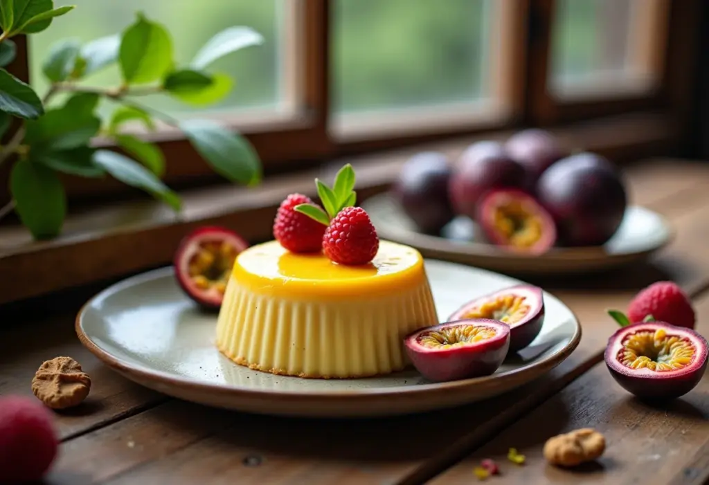 Pudim de maracujá cremoso com calda, receita refrescante.