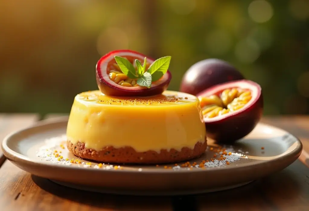 Pudim de maracujá sem forno em mesa rústica