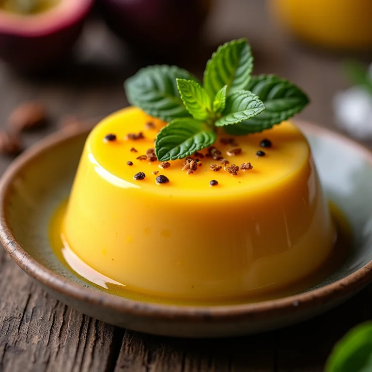 Pudim de maracujá vegano com folhas de hortelã.