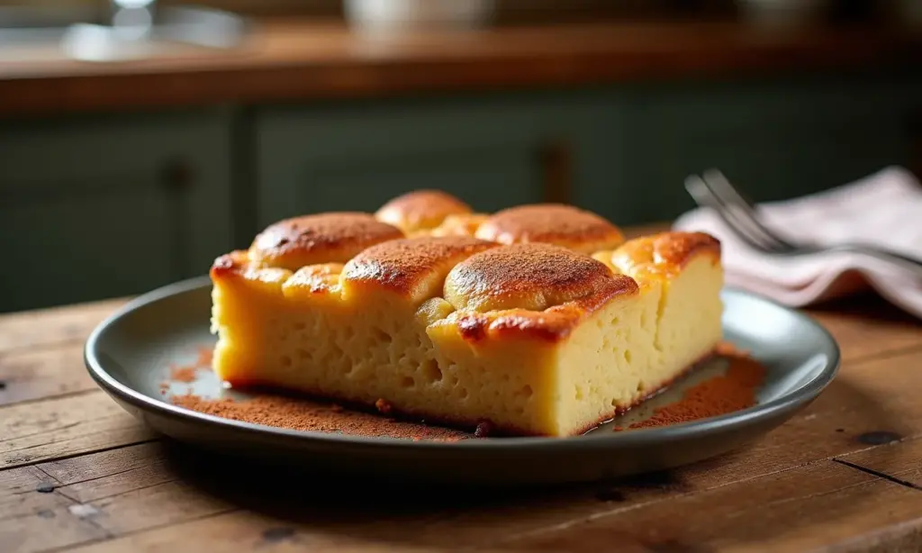 Pudim de pão caseiro com canela em mesa de madeira rústica.