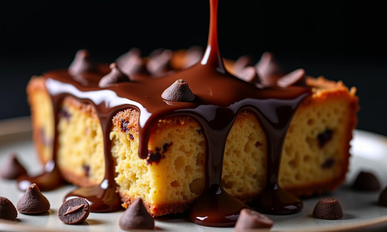 Pudim de pão com chocolate e gotas de chocolate derretido.