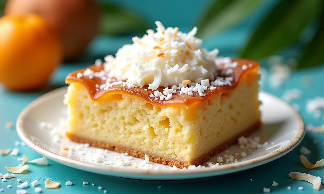 Pudim de pão com coco ralado e decoração tropical.