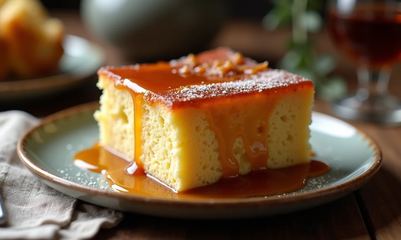 Pudim de pão com doce de leite e calda de caramelo.