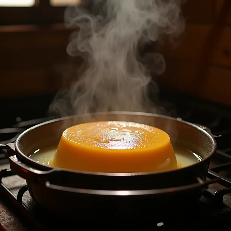 Pudim em banho-maria dentro do forno rústico.