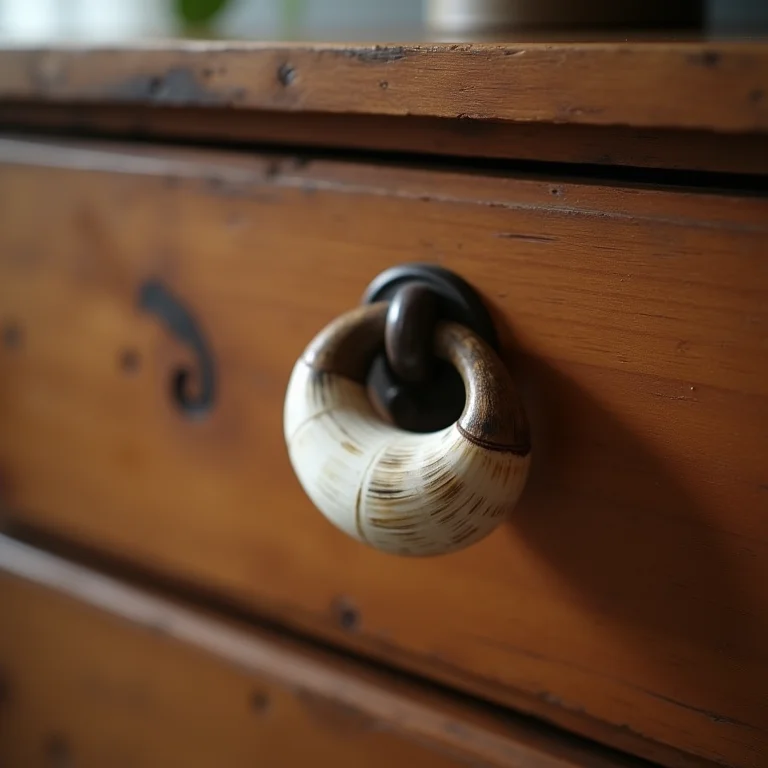 Puxador de gaveta feito com chifre de boi em móvel rústico