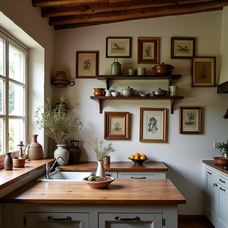 Quadros e detalhes decorativos em paredes de cozinha rústica.