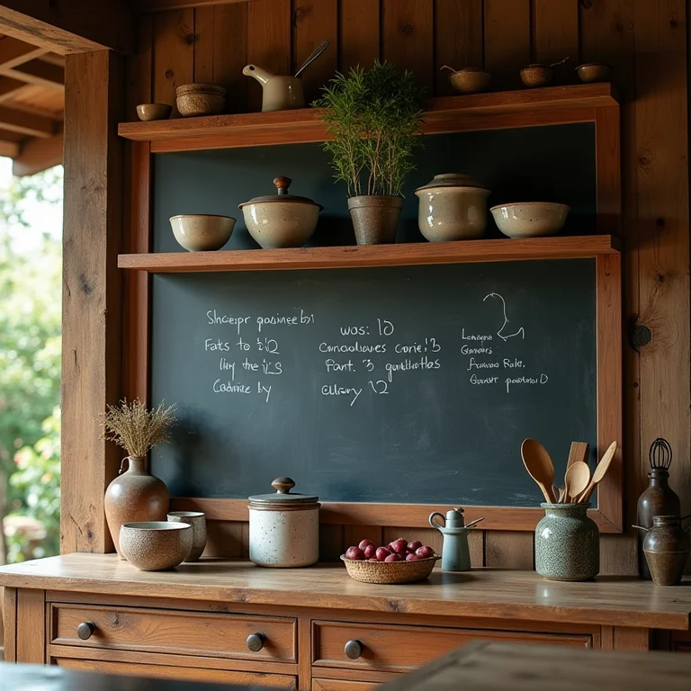 Quadros e lousas decorando uma despensa rústica.
