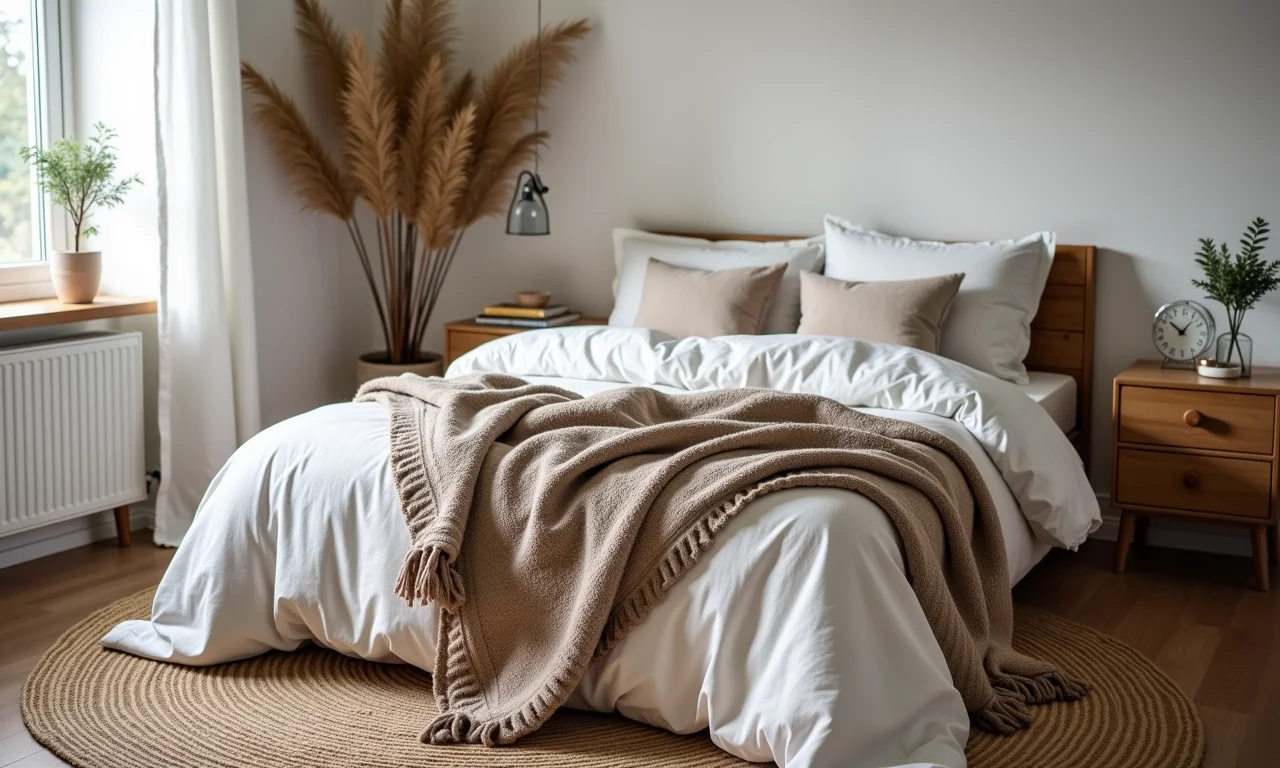 Quarto aconchegante com texturas naturais como mantas de lã e tapete de juta, criando uma atmosfera convidativa.