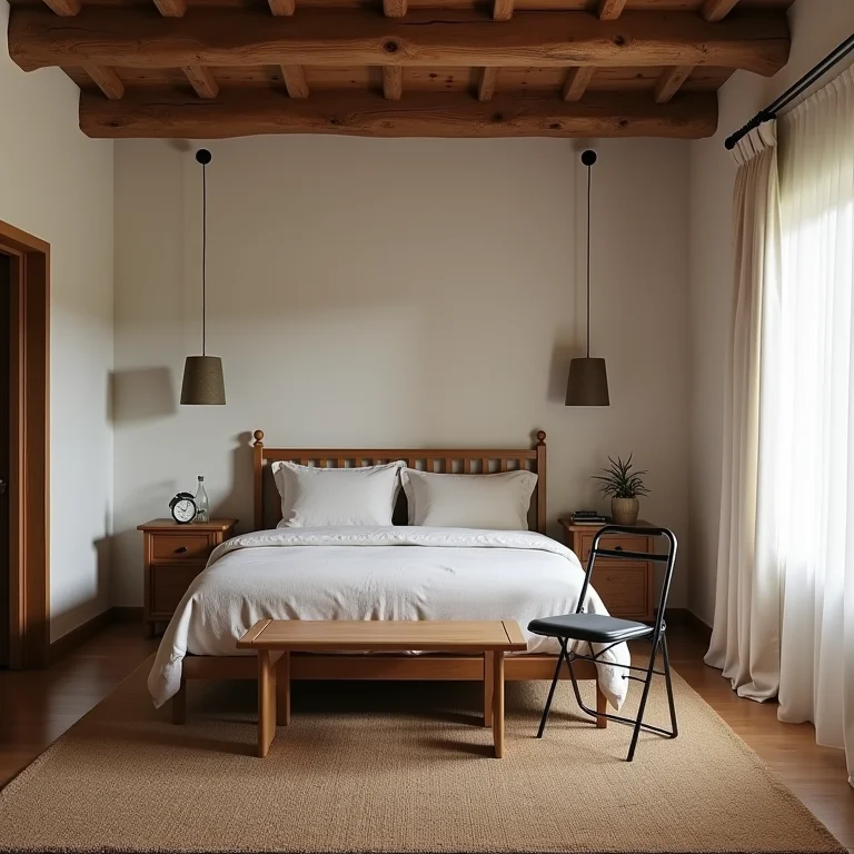 Quarto de hóspedes com mobiliário desconfortável e pouco convidativo