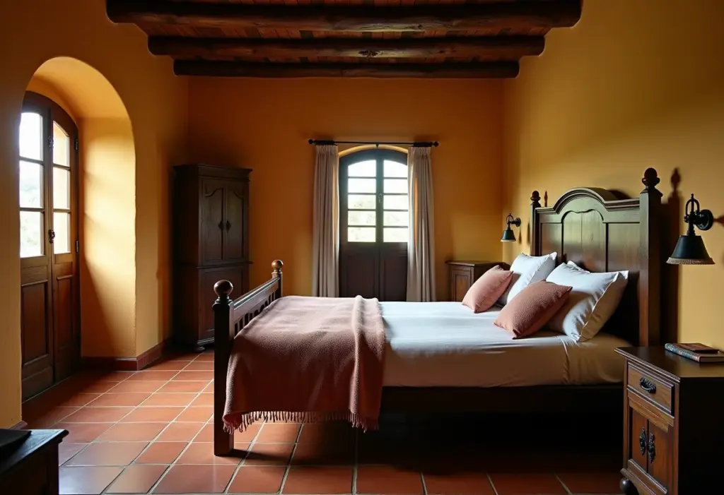 Quarto de hóspedes rústico com toques coloniais, perfeito para um refúgio aconchegante.