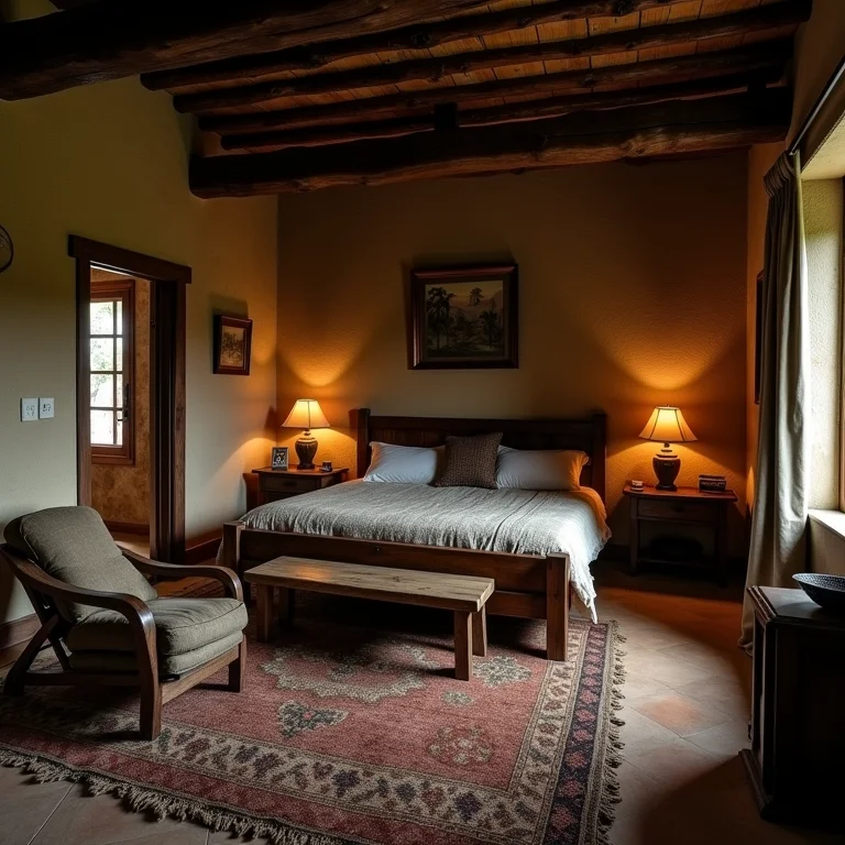 Quarto rústico exagerado com excesso de elementos decorativos