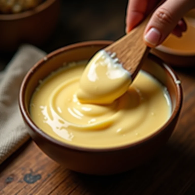 Queijo cremoso sendo adicionado a uma tigela.