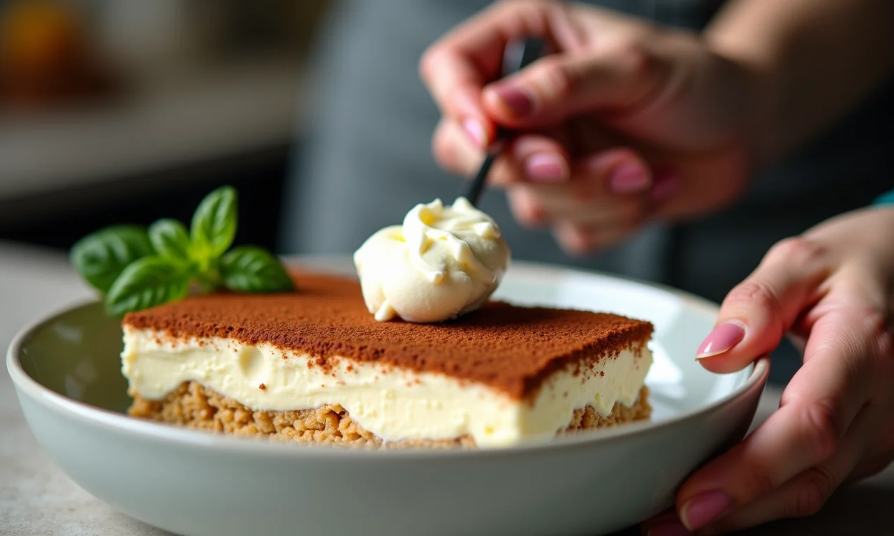 Queijo mascarpone fresco sendo adicionado ao tiramisu, close-up.