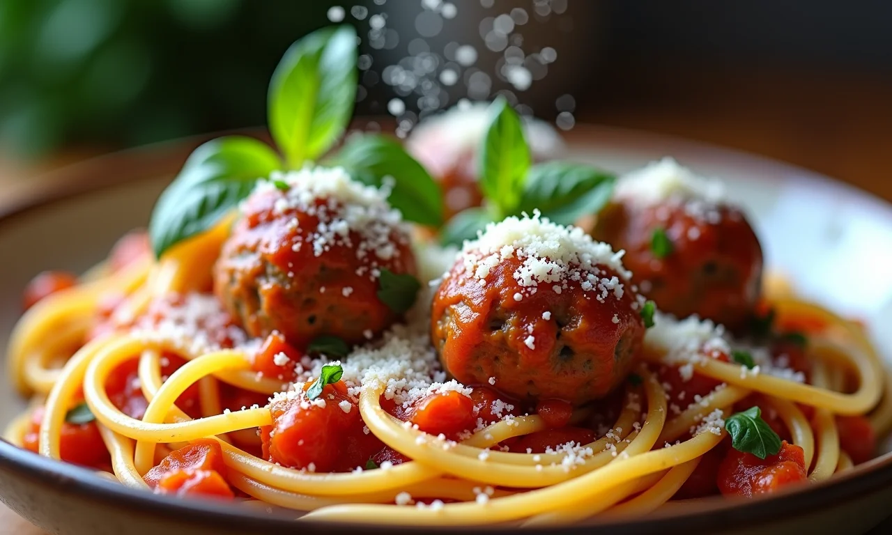 Queijo parmesão ralado e ervas frescas polvilhadas sobre espaguete e almôndegas.