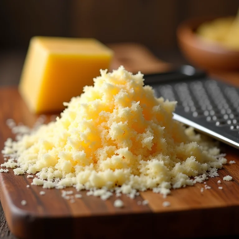 Queijo parmesão ralado em uma tábua de madeira.