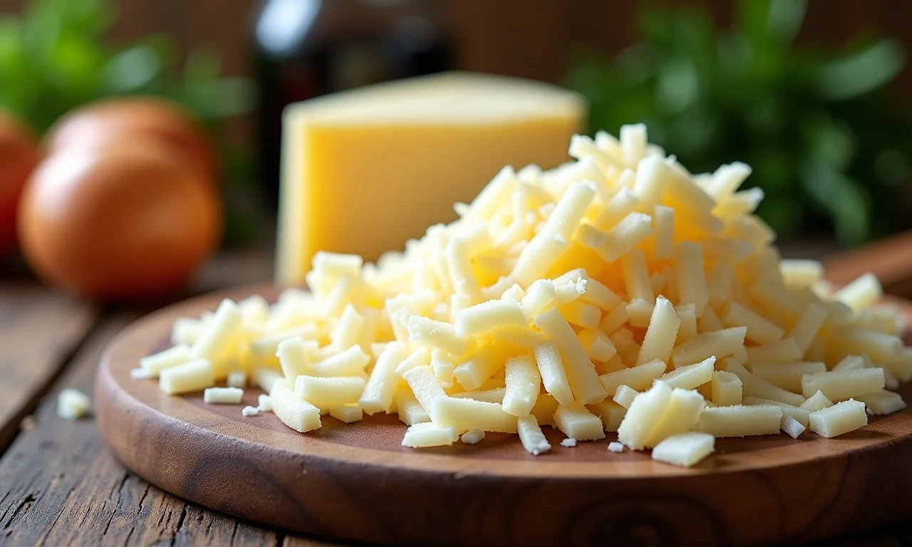 Queijos parmesão e mussarela ralados em uma tábua de madeira.