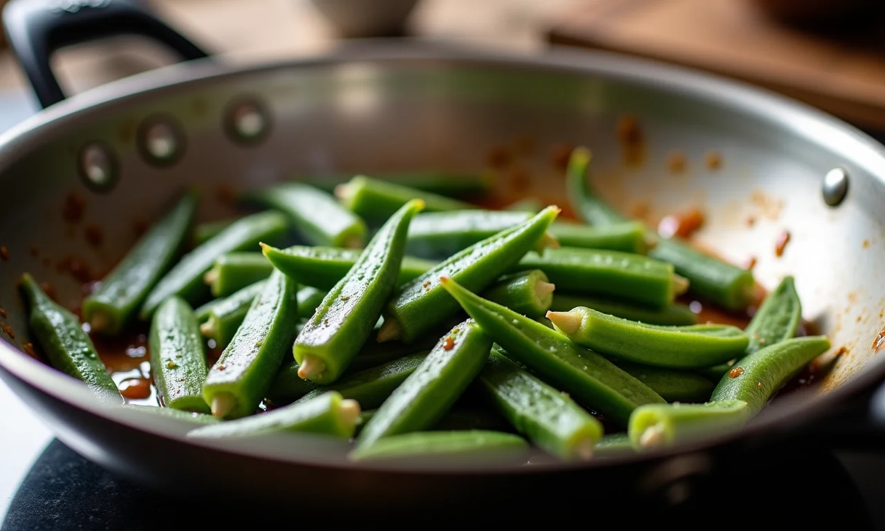 Quiabo refogando em fogo alto.