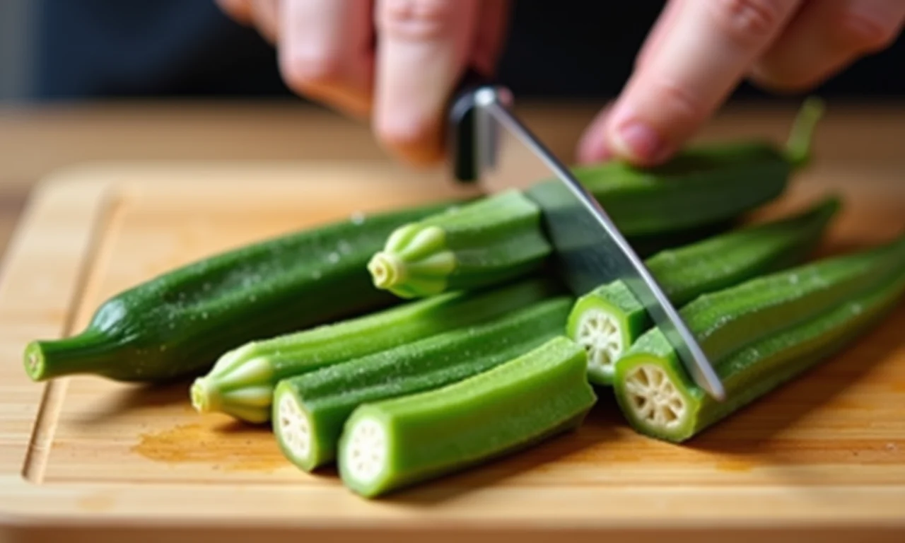 Quiabo sendo cortado em uma tábua de bambu.