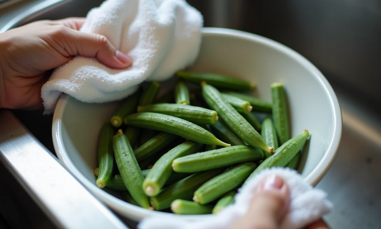 Quiabos sendo lavados e secos cuidadosamente.